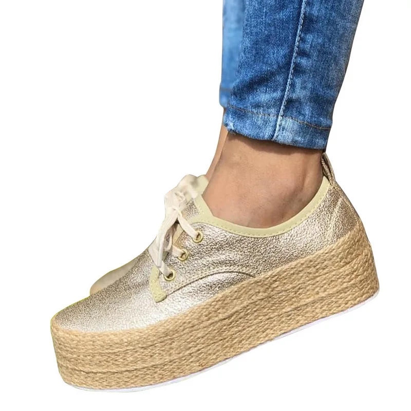 color 1 Laamei Women Espadrille Shoes Canvas Thick Bottom Flats Shoes Girls Lace Up Round Toe Casual Flats Plus Size Drop Shipping - Color: color 1