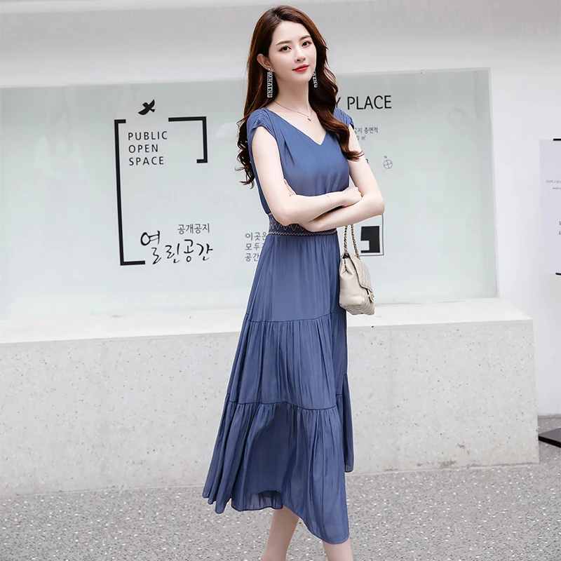 Женское платье большого размера лето 2019 новое тонкое стройнящее одноцветное