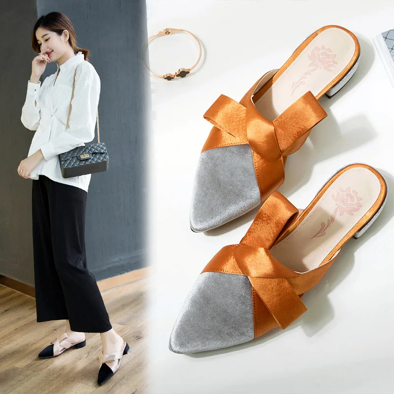 Шлепанцы XDA женские на низком каблуке туфли с бантом бабочкой заостренный носок