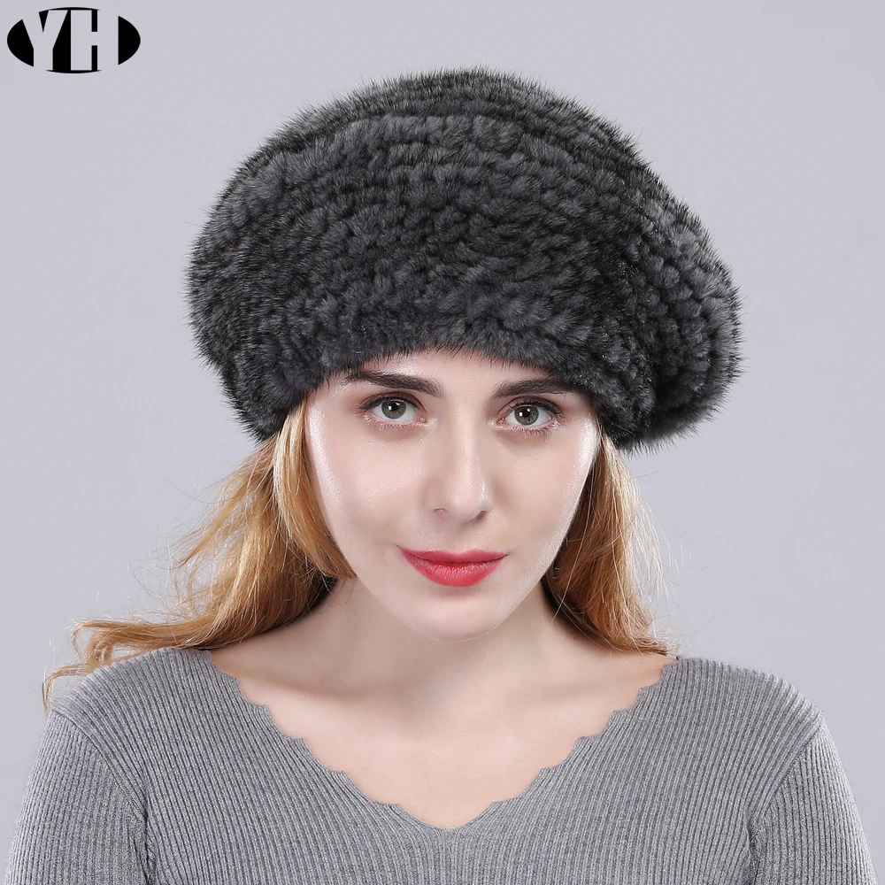 2019 new arrive women real mink fur Berets 100% handmade knit hat brand winter casual caps hot sale | Аксессуары для одежды