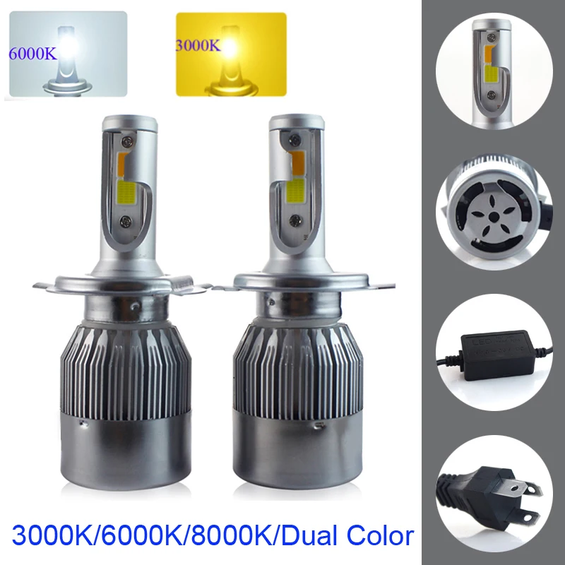 

8000LM Dual Color Fog Lamp Bulbs COB LED Headlights White Amber Hi/Lo Auto Car Headlamp Bulb H7 H11 H4 For 3000K 4300K 6000K