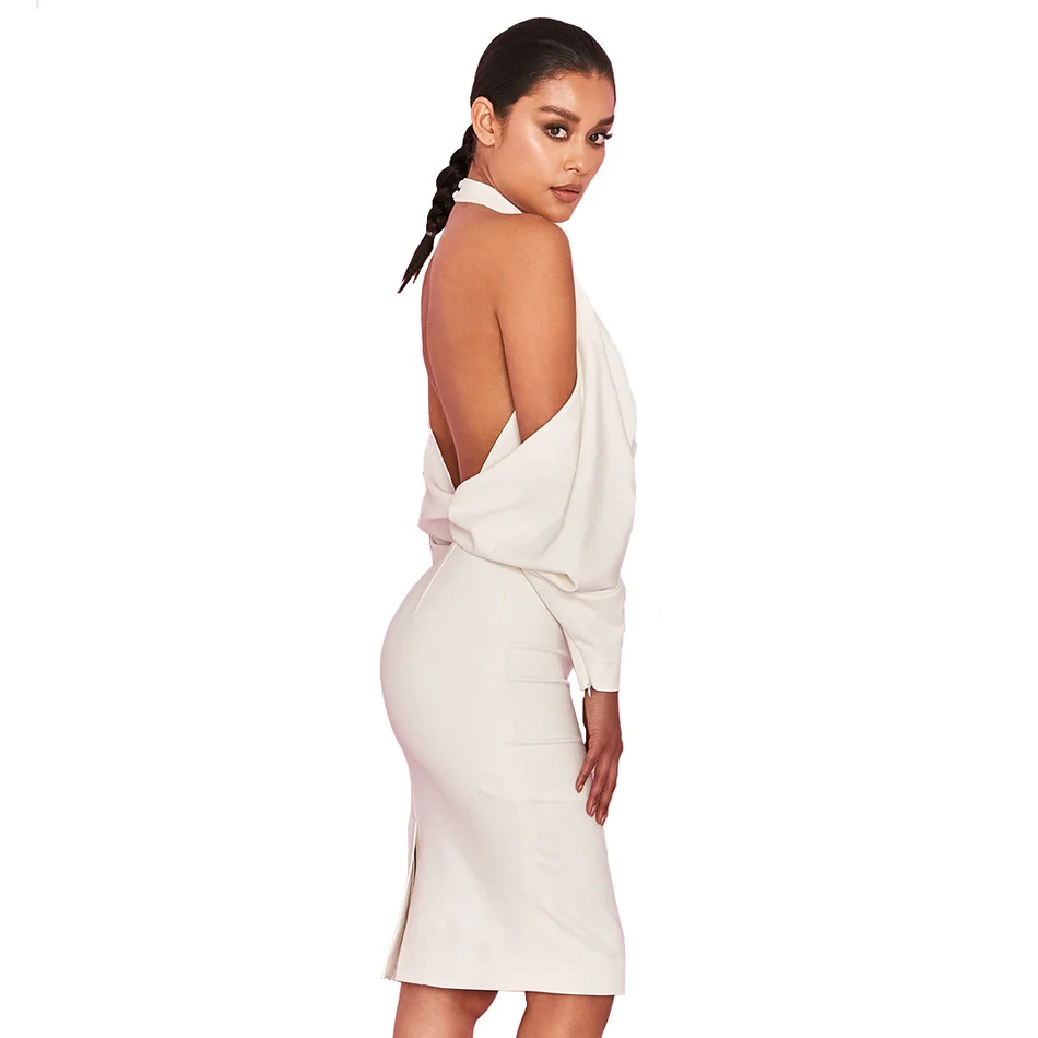 Драпированный воротник хомутиком без спины Bodycon Платье Лето Осень стройная талия