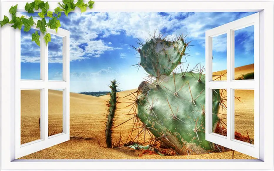3d индивидуальные обои окно пустыня кактус 3D ТВ фон фотообои украшение дома |