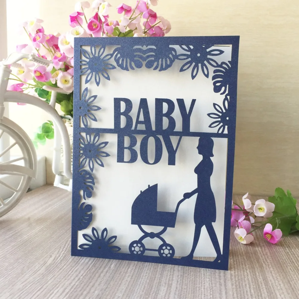 

100pcs/lot Creative Laser Cut Baby Carriage Pattern Baby Shower Invitations Birthday Party Decorations Gender Reveal