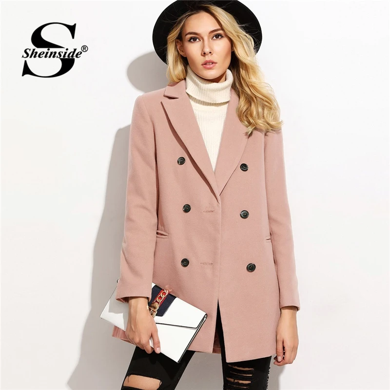 Sheinside розовый верблюжий зубчатый бушлат Женская Повседневная Верхняя одежда Женская Осенняя двубортное Женское пальто с прорезным карманом