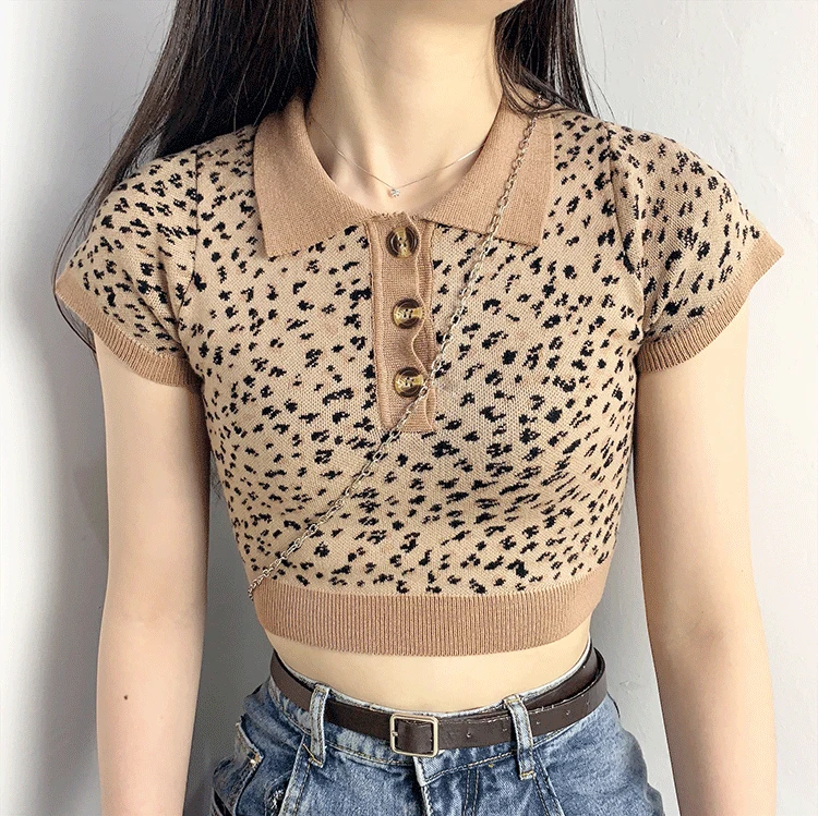 Women Knit Polo Cropped T-shirt in Leopard | Женская одежда