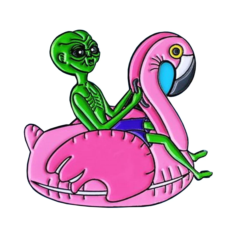 Alien ride flamingo enamel pin space ET brooch funny cute badge science jewelry novelty gift | Дом и сад