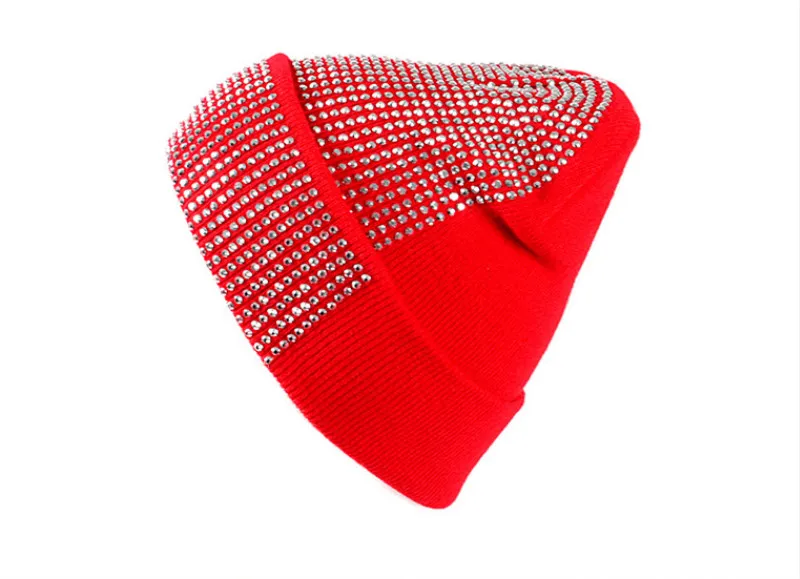 Модные стразы головные уборы Skullies Beanie для Для женщин для девочек однотонные, с украшениями зимняя вязаная шапка Кепки Повседневное Осенняя шапка в стиле хип-хоп, мужские и женские бейсбольные кепки