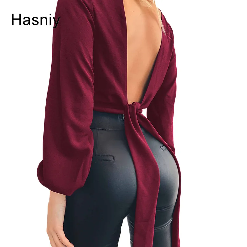 Hasniy спинки Bow Sexy блузки рубашки женские Длинные рукава V шеи обернуть Топы милое