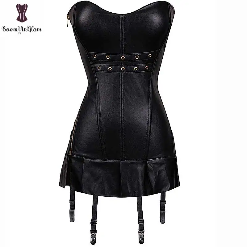 

Overbust Corset Dress Synthetic Leather Corselet One Piece Corn Belt Strape Korset Fish Boned Bustier Side Zipper Gothic Corsets