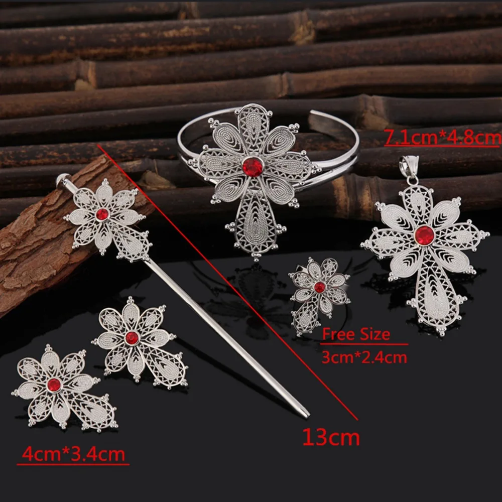 Bangrui Bright Silver Ethiopian Cross Pendant/Hairpin Earrings/Ring/Bangle Jewelry Africa Bride Wedding Eritrea | Украшения и