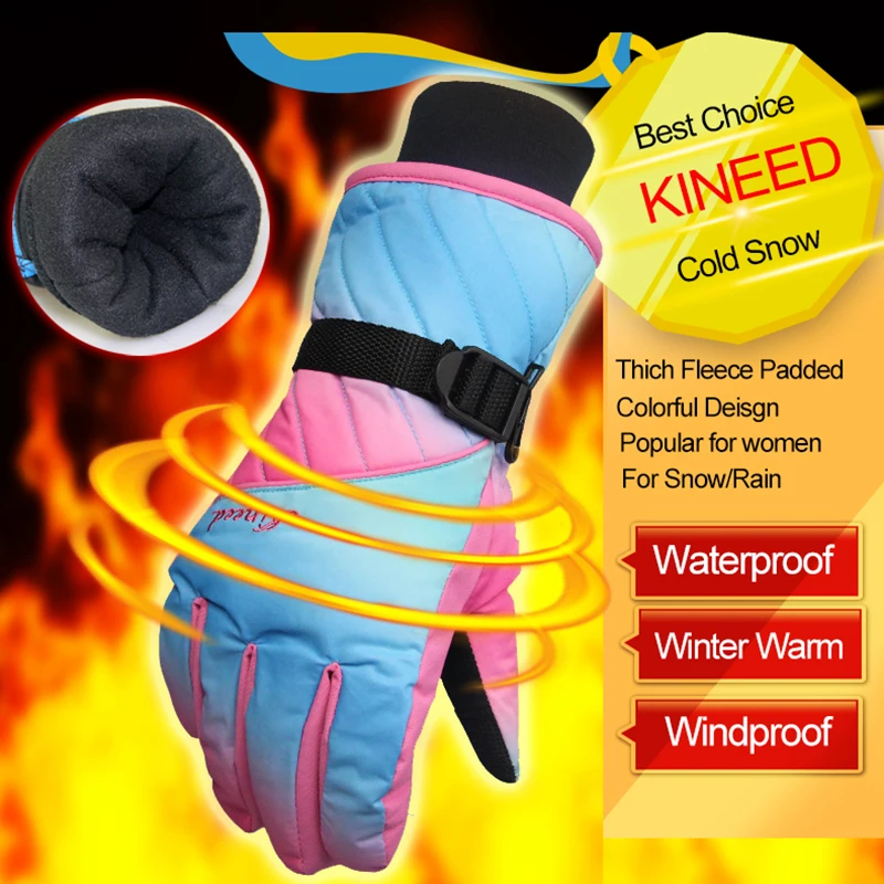 KINEED, 5 цветов, лыжные перчатки для женщин, зимние, теплые, зимние, холодные, уличные, спортивные, велосипедные, перчатки для сноуборда, ветра, пробки, варежки