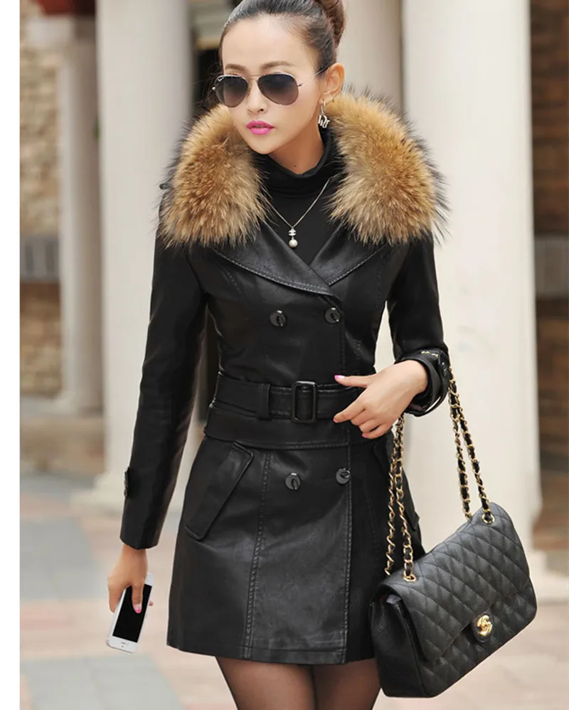 black and fur M-5XL осень и зима новая женская натуральная енотовидная собака меховой воротник Длинная кожаная куртка мода тонкий плюс хлопок мотоциклетный Тренч - Цвет: black and fur