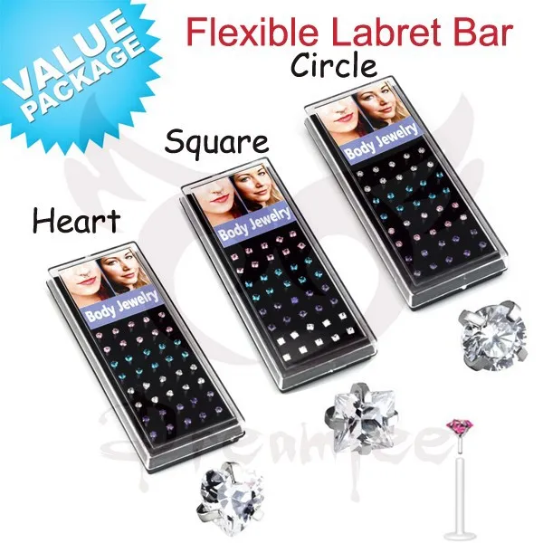 

Wholesale 120pcs PTFE Inlay Zircon Stone Heart Square Circle Crystal Flexible Bar Lips Piercing Rings Labret Stud