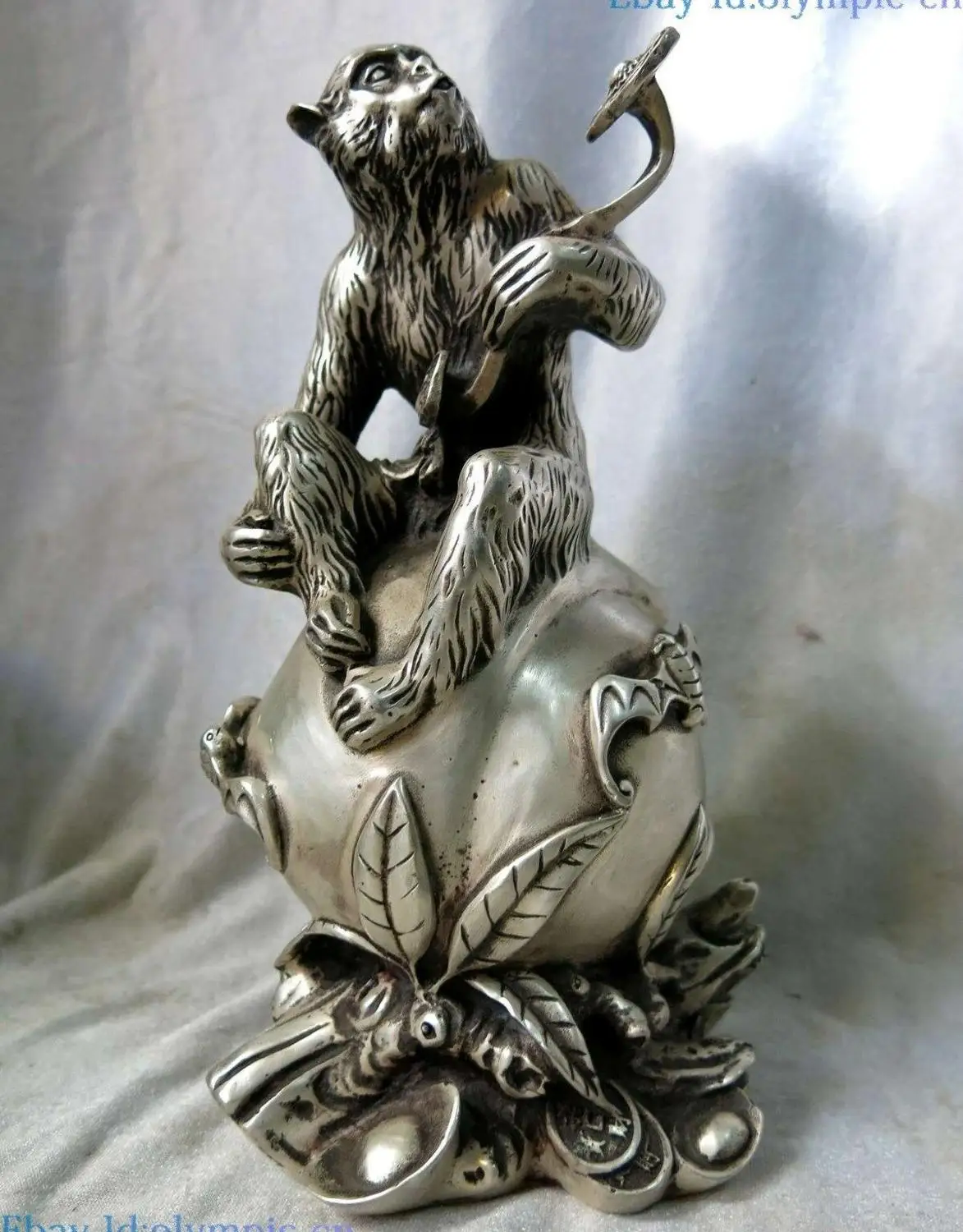 

9" China old silver carved Longevity Peaches as one wishes ruyi Monkey Statue