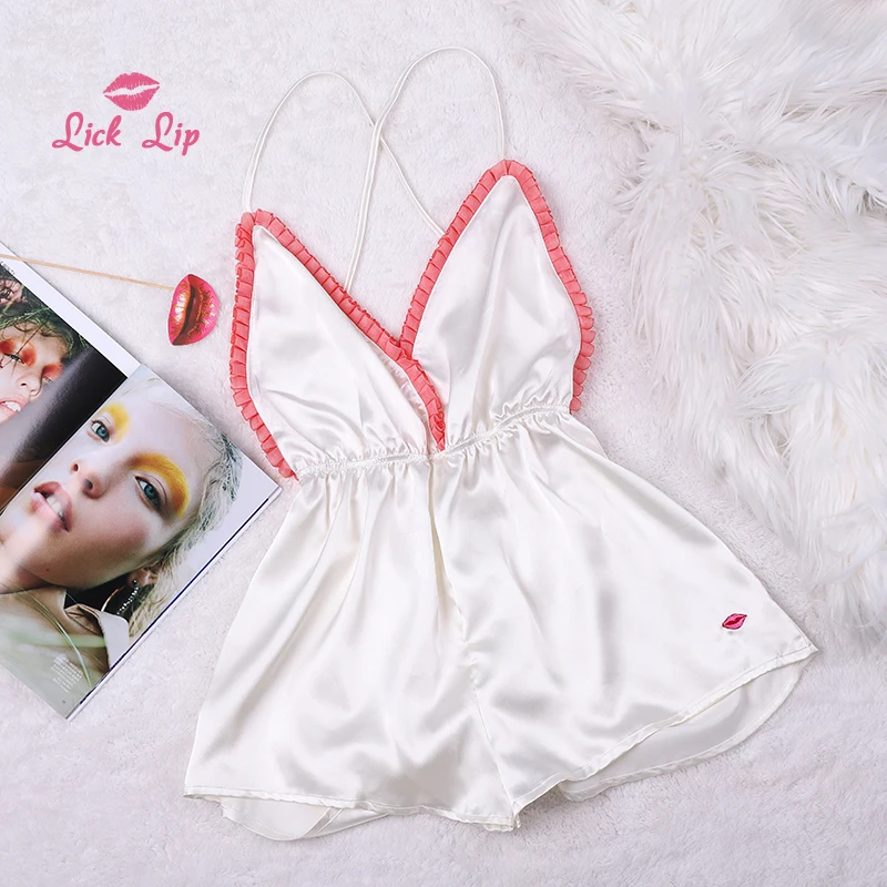 Lick Lip Sexy Backless Onesies For Adults Ruched White Short Playsuit Females Deep V-Neck Summer Sleepwear Pajamas SWC4837-40 |