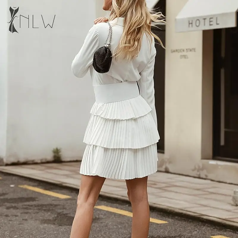 NLW White Blazer Dress 2019 Autumn Winter Belt Pleated Short Elegant Long Sleeve V Neck OL Vestidos | Женская одежда