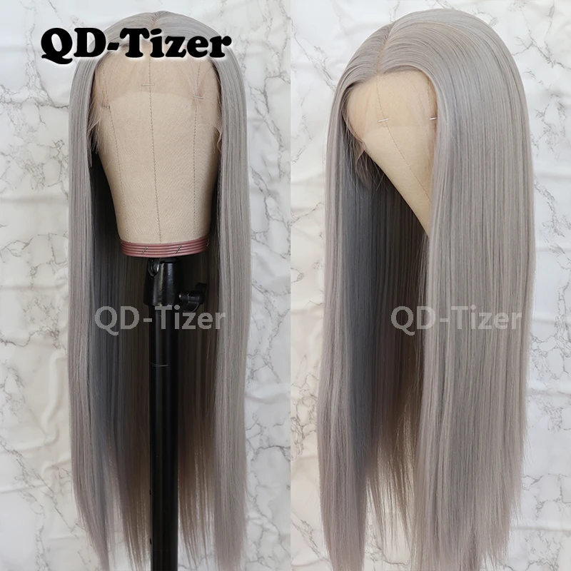 QD-Tizer Silky Straight Hair Lace Front Wig Gray Color Glueless Heat Resistant Synthetic Lace Front Wig For Women