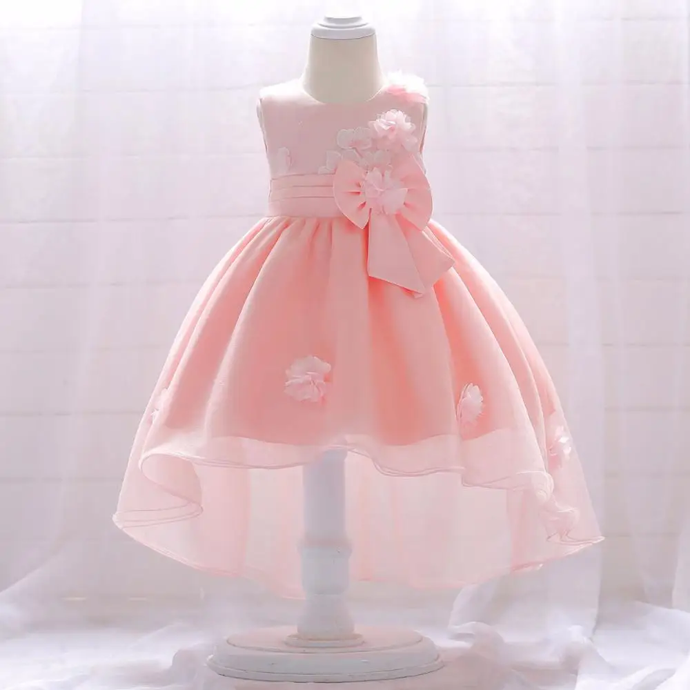 Pink Г. платье для девочек детская одежда с круглым воротником и объемным цветком летняя детская одежда с большим бантом и шлейф - Цвет: Pink