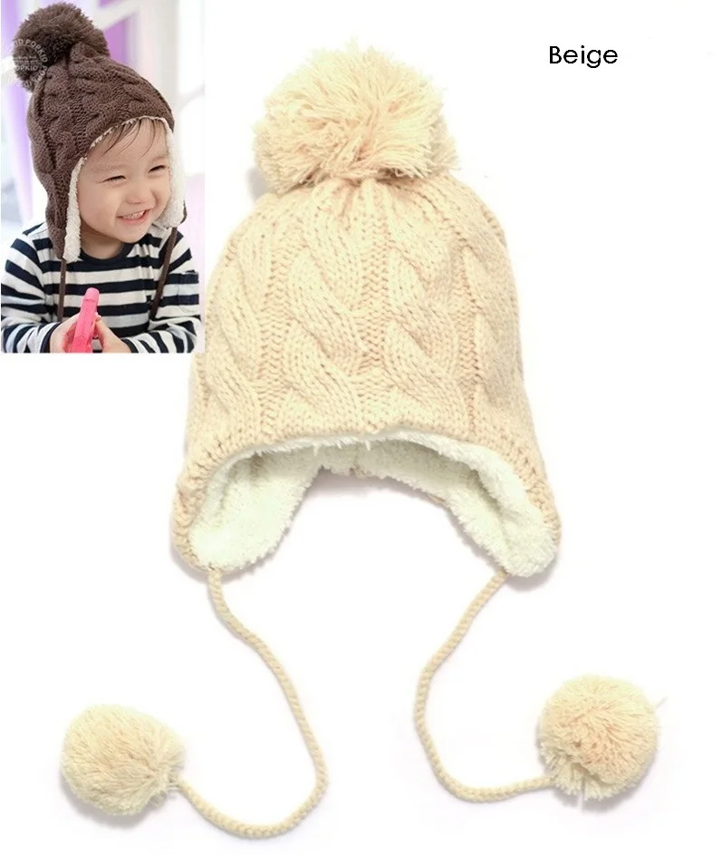 Baby Hat Children Knitted Hats Kids Winter Warm Crochet Cap Girls Boys Beanie Bomber Ear Girl Boy Ball Caps | Детская одежда и