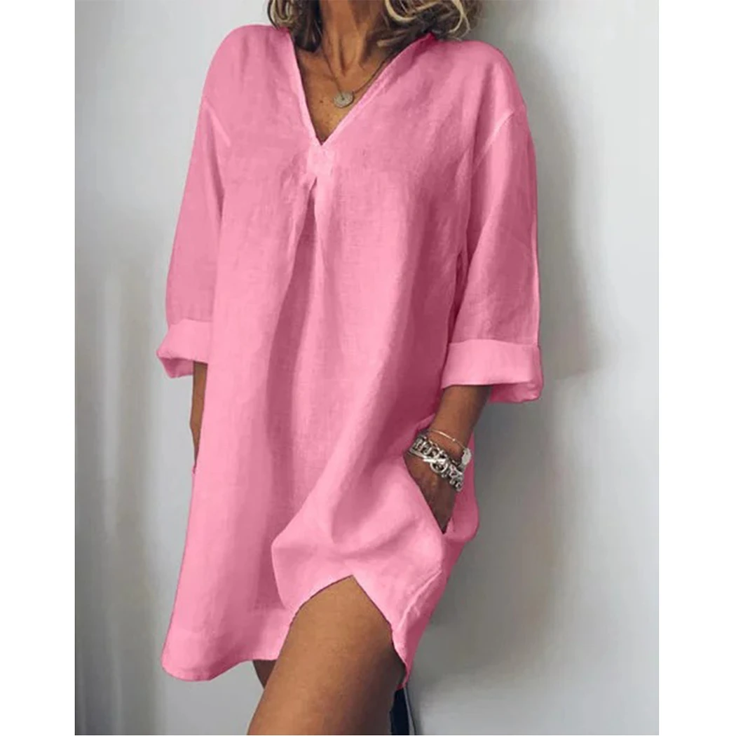 Женское платье-рубашка Летнее мини-платье с v-образным вырезом и рукавом три