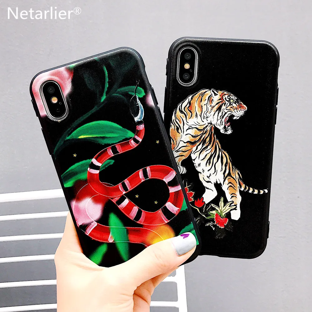 Netarlier Элитный бренд чехол для iPhone 7 Plus 8 плюс красный змея лист Тигр Цветочные