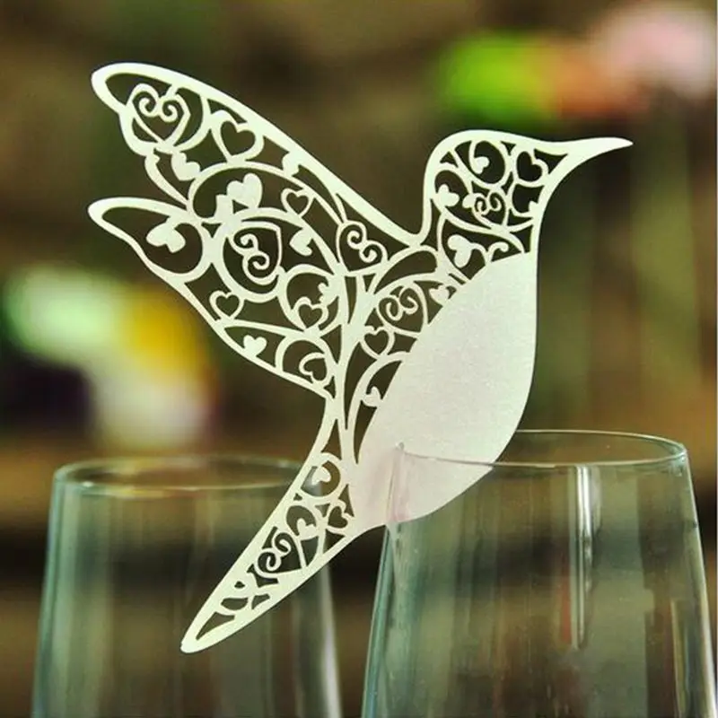 

100pcs Lacer Cut Paper Bird mariage cards Table Paper Wine Glass Cup Card Escort Table Mark for Wedding Party Home Decorations