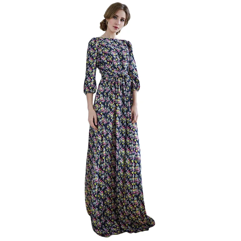 Модные Винтаж длинное платье Для женщин осень 2017 г. Лидер продаж печати Вечеринка