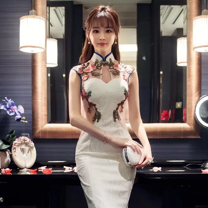 Модное белое кружевное женское Элегантное Длинное платье Cheongsam с цветами в винтажном стиле 1930s сценическое шоу Qipao сексуальное платье русалки вечерние платья S-XXL - Цвет: Белый