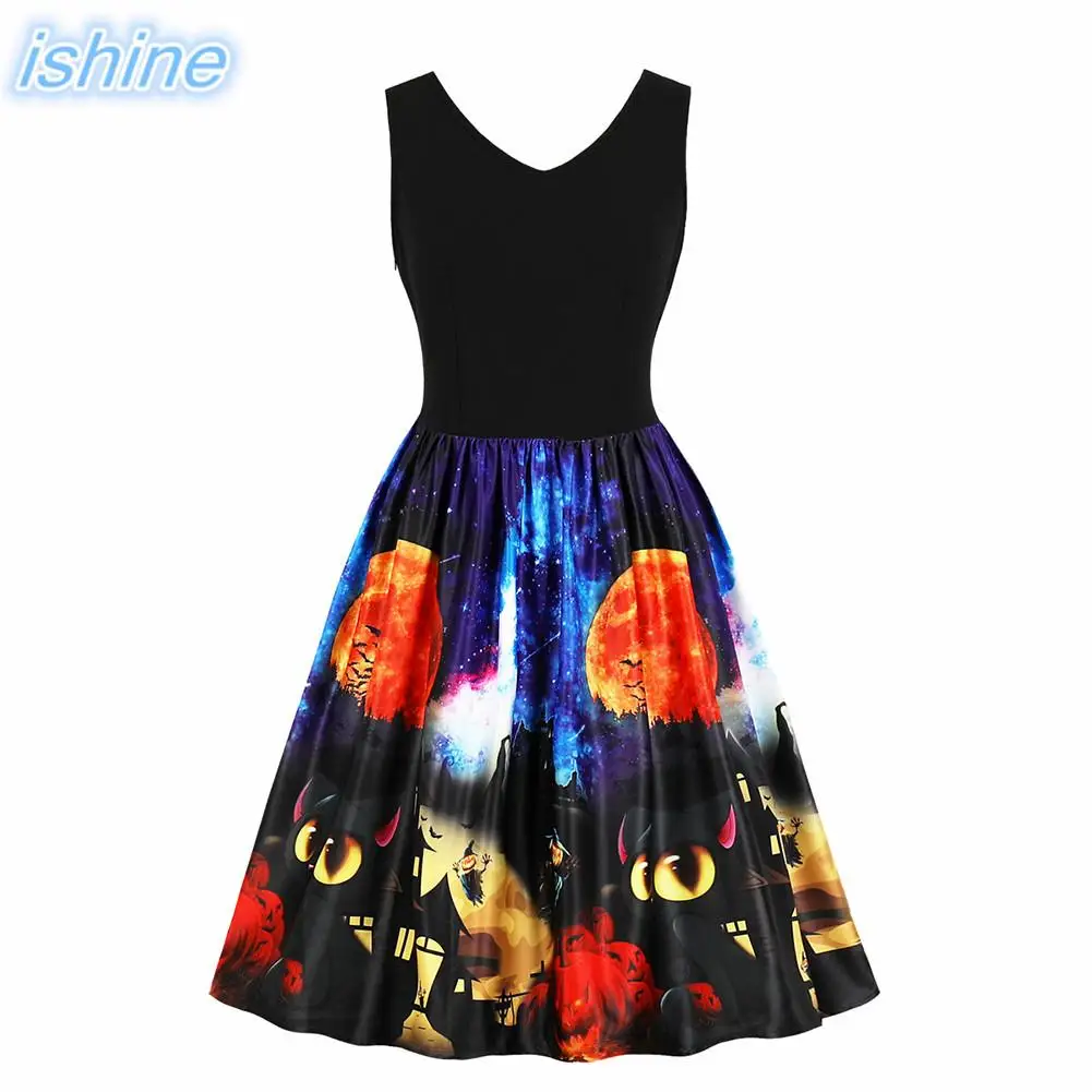 Ретро Хепберн Стиль Хэллоуин Луна летучая мышь платье для женщин с принтом тыквы