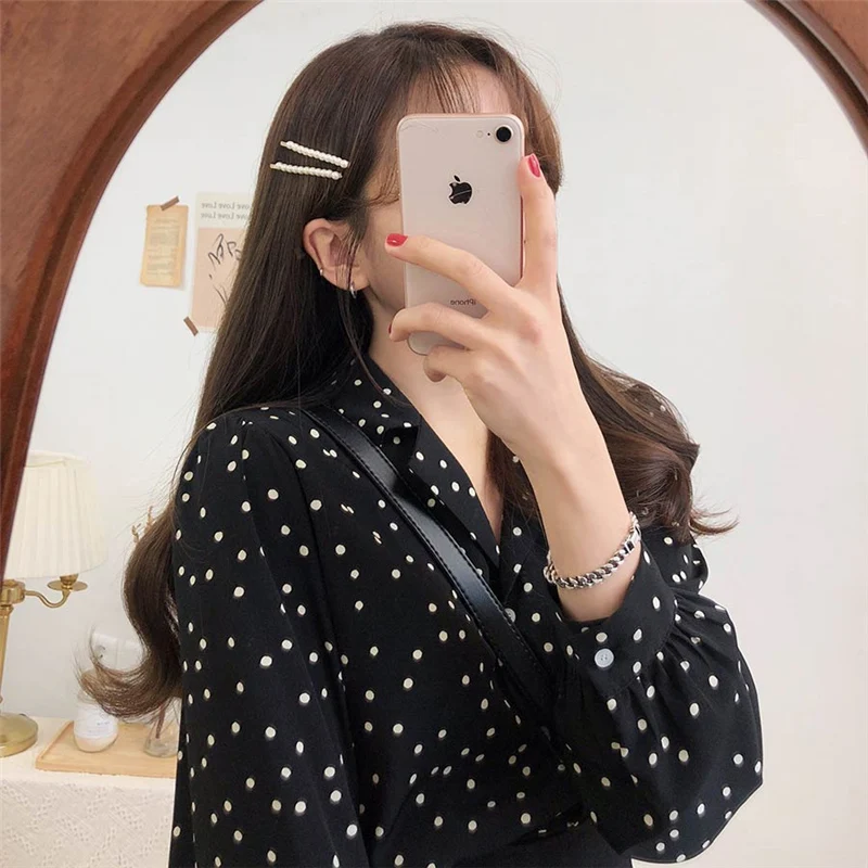 Винтаж v-образный вырез расклешенный рукав в горошек женская блузка Рубашки