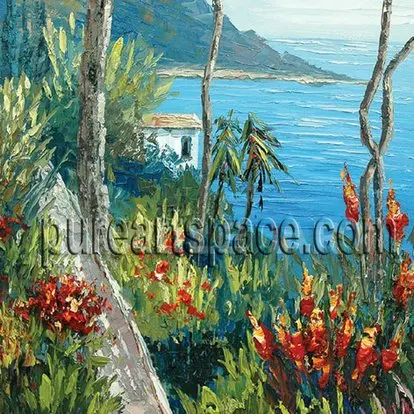 

Thick Palette Knife Hand Painted Seaside Oil Painting Reproduction Mediterranean Sea Scenery With Flower Palette Knife Wall Art