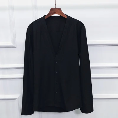 Рубашка мужская осень платье рубашка V-образный вырез Slim Fit рубашка мужская с длинным рукавом - Цвет: Черный