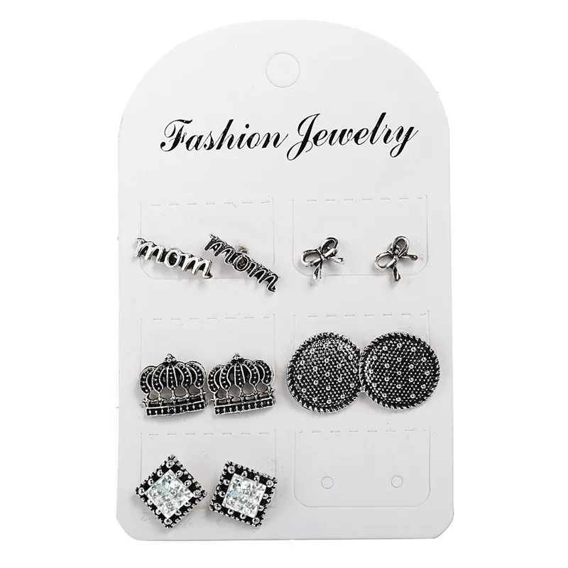 

Vintage 5 Pairs/lot Retro Stud Earring Set for Women Crown Bowknot Mom Letters Round Mixed Ear Studs Brincos Wedding Jewelry
