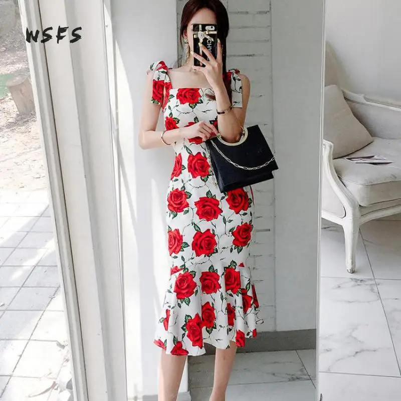 Summer Red Floral Print Dresses White Spaghetti Strap Women Dress Sexy Party Bodycon Bandage Midi Mermaid Vestidos Mujer | Женская