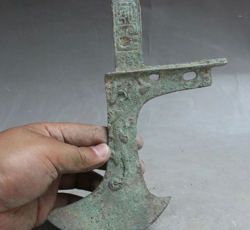 8 архаичная Китайская Статуя Дракона зверя оружие копье Бронзовый кинжал-топор