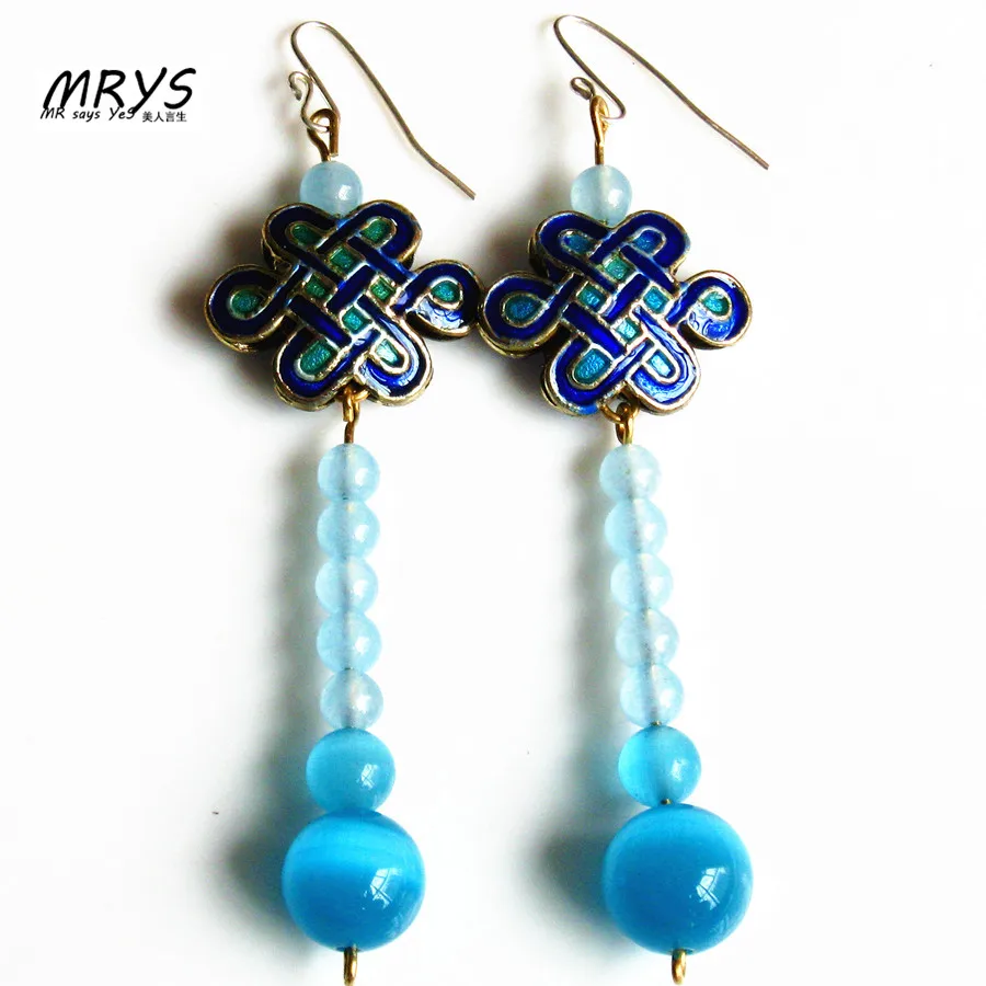 Новые модные синие Китайские Этнические серьги с узелком эмалированные