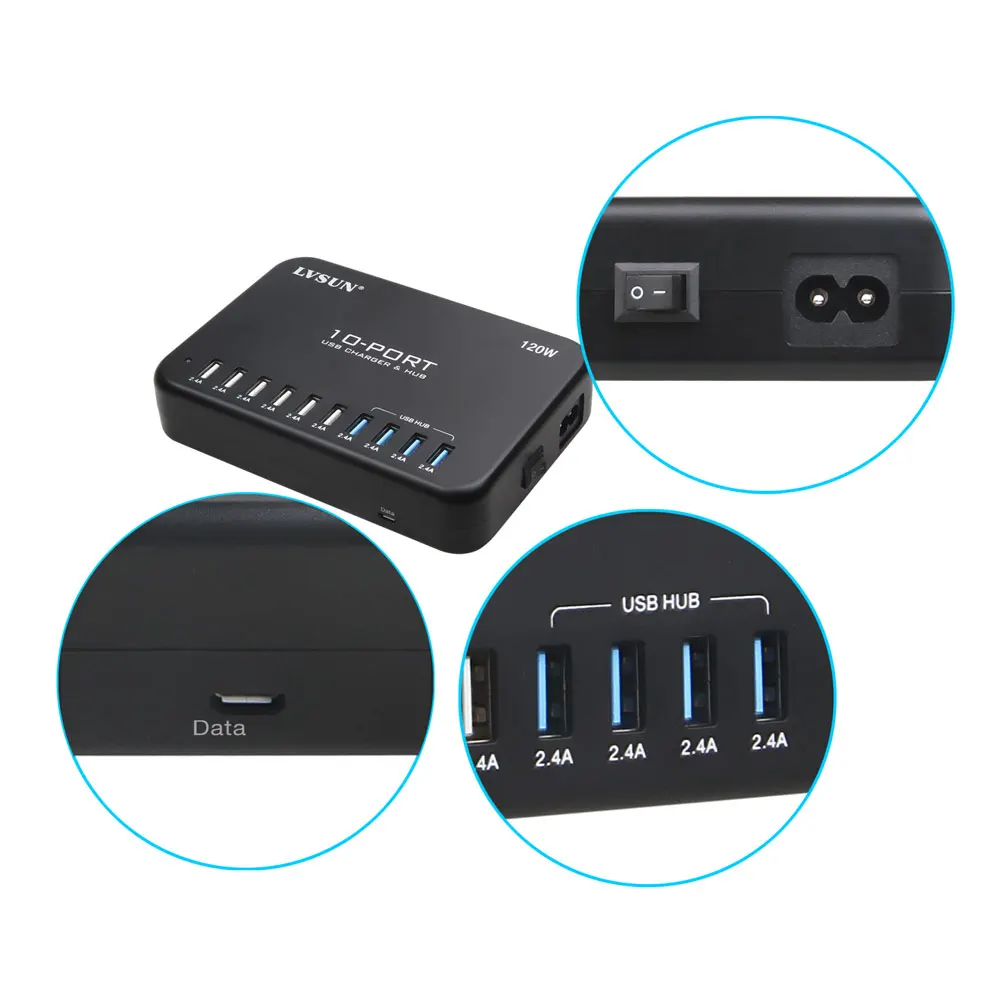 LVSUN 120 Вт 5 в 24 а 10 портов USB зарядное устройство и концентратор 2 0 чипсет с