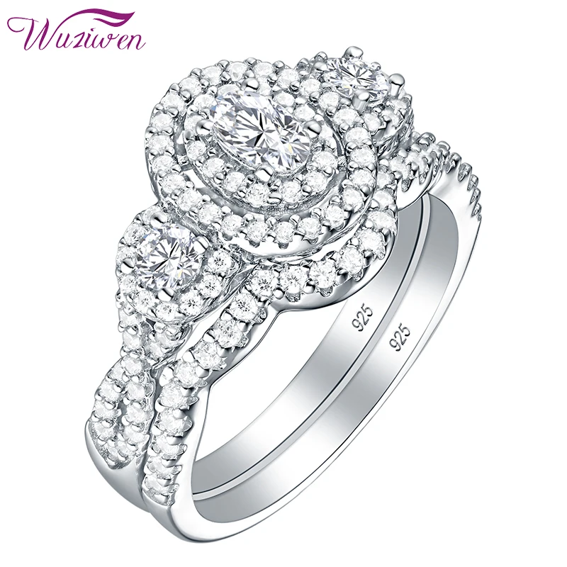Wuziwen Halo Oval Round Cut AAA Zircon 925 Sterling Silver Wedding Ring Set For Women Engagement Promise Rings Jewelry