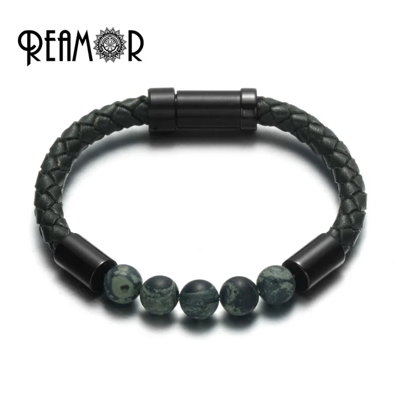 Reamor Высокое качество Зеленый Натуральный камень кожаный браслет веревка для
