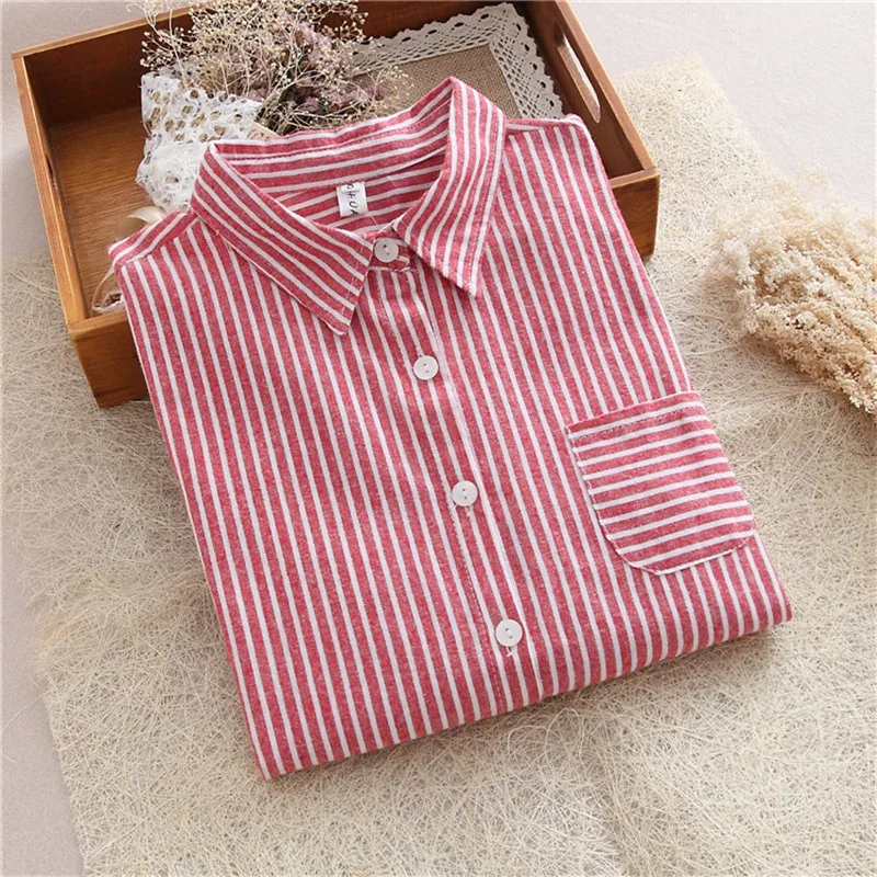 QIHUANG New Women Striped Shirts Blouses Work Shirt Loose Tops Female Long Sleeve Vintage Ladies Clothing |