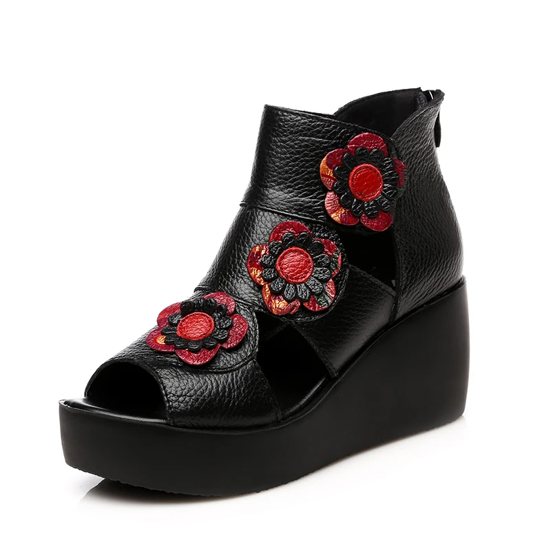 Женские босоножки из натуральной кожи на платформе и высоком каблуке танкетке