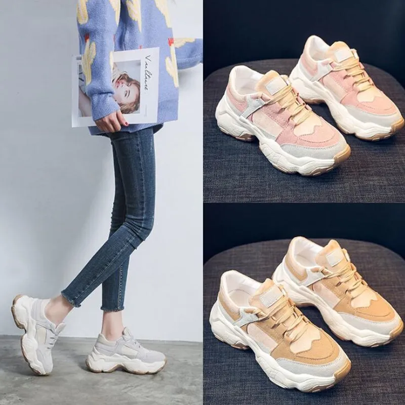 Новинка 2019 года Модные женские кроссовки обувь на платформе розовые танкетке