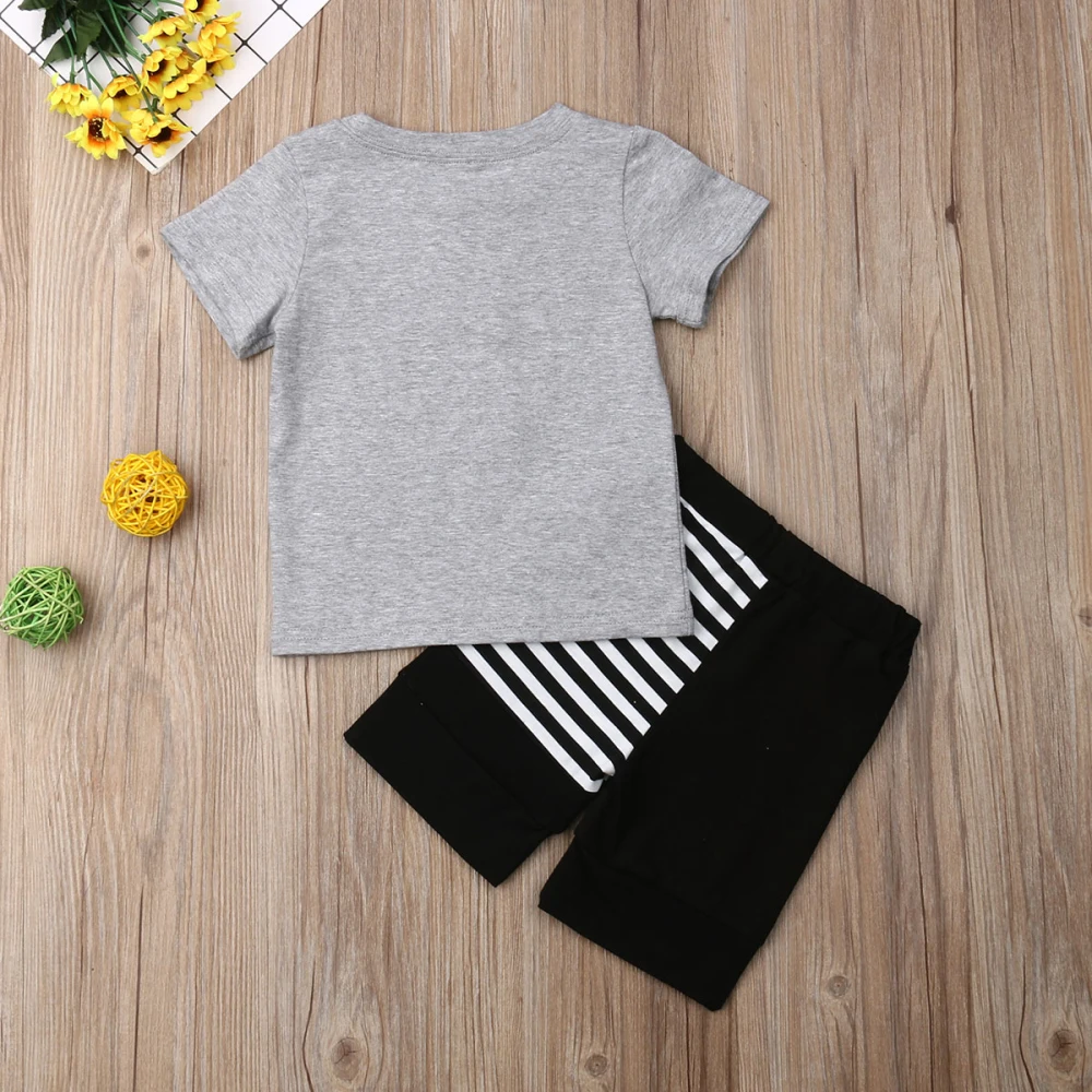 2019 Summer Toddler Infant Baby Boys Crossword Outfits Short Sleeve Tops T-shirt Striped Shorts Casual Clothes Sets | Детская одежда и