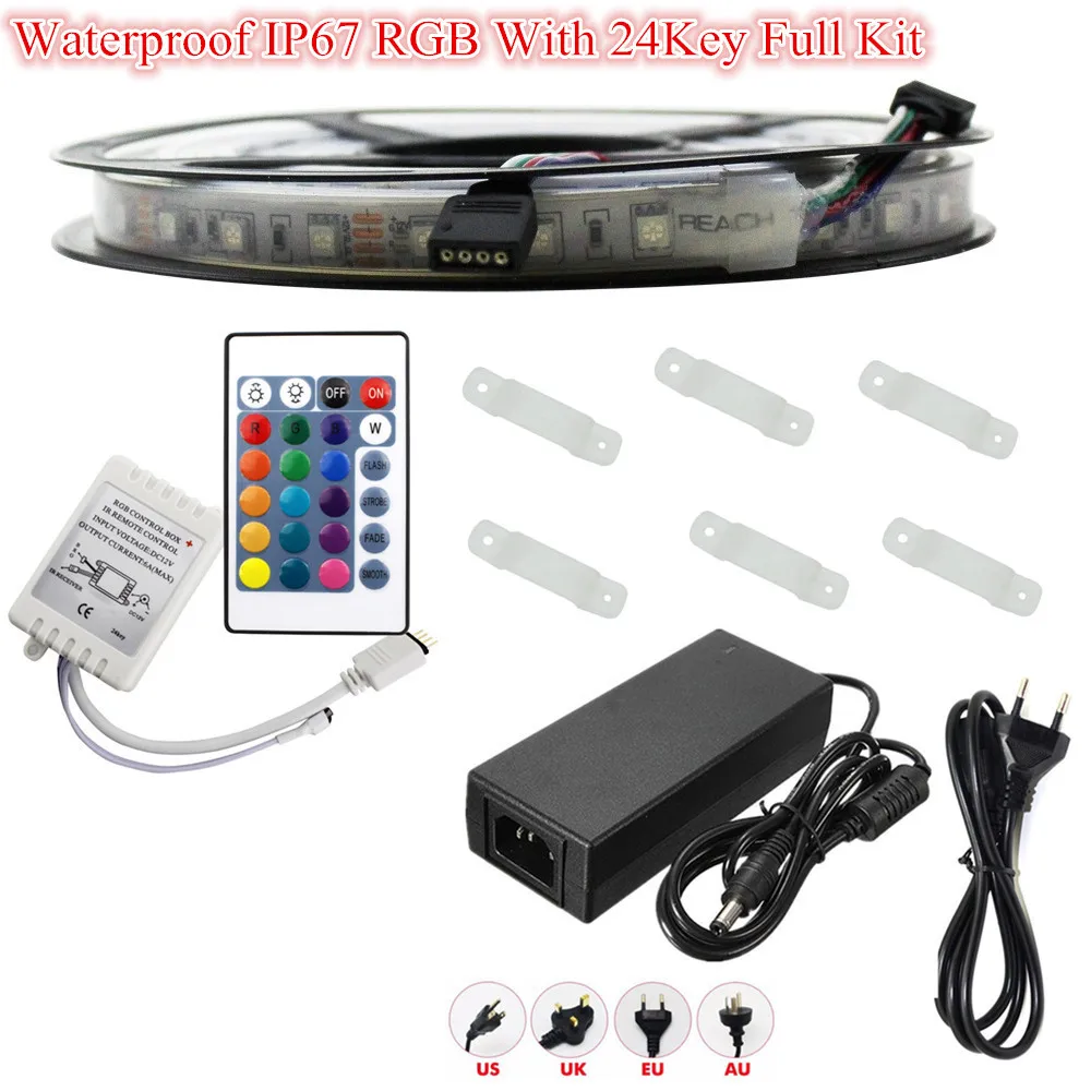 IP67 24Key Full Kit IP67 IP68 Водонепроницаемый 5050 Светодиодные ленты 12V 60 светодиодный/M RGB Применение подводный для плавательного Бассеина, садок для рыбы Ванная комната на открытом воздухе с Мощность - Испускаемый цвет: IP67 24Key Full Kit