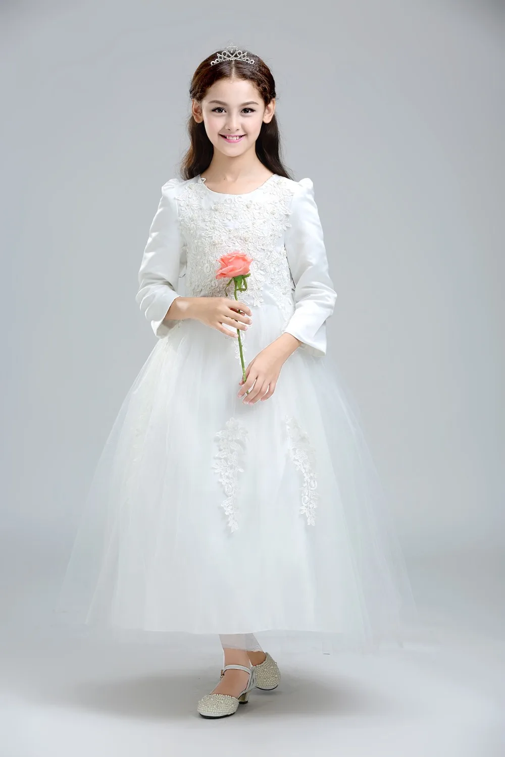 

2016 White Bead Lace Long Sleeve Flower Girl Dresses for Wedding Ball Gown Holy Communion Dress Ankle-Length Girl Pageant Dress
