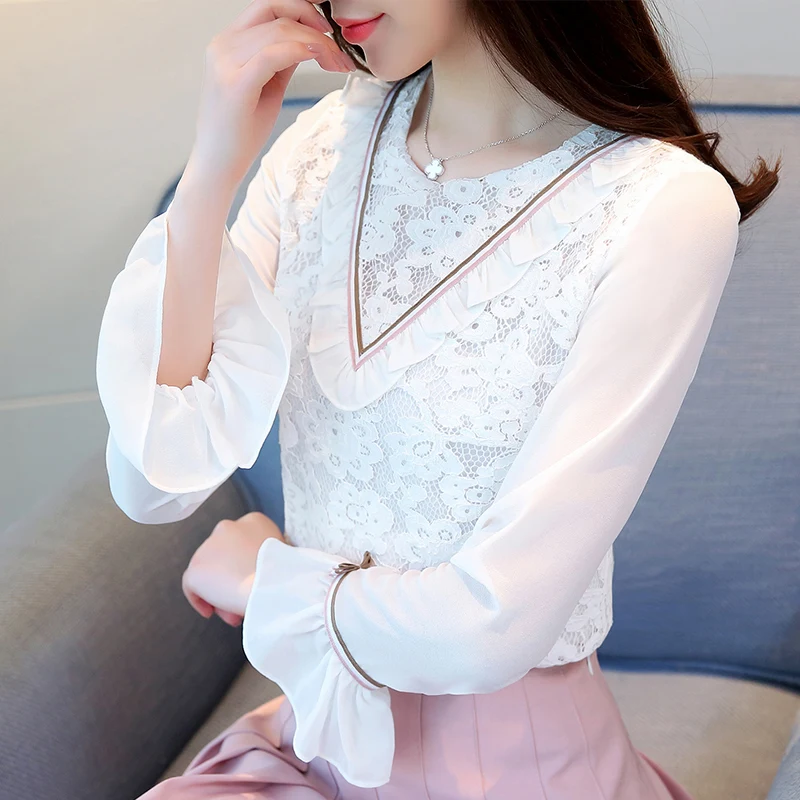 long sleeve women shirts white lace chiffon blouse shirt Fashion elegant womens tops and blouses blusas femininas 1800 50 | Женская
