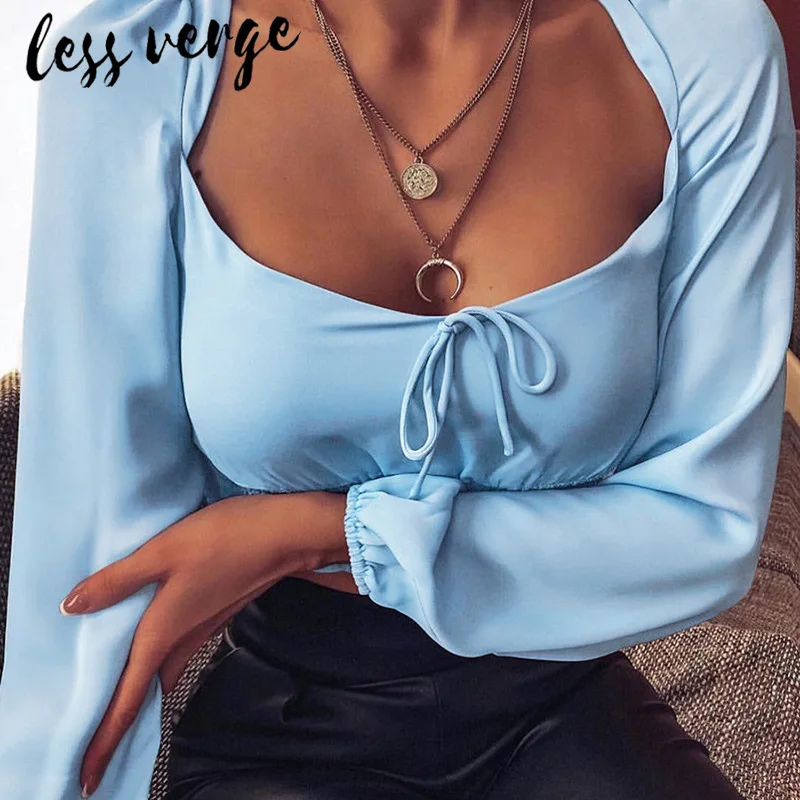 Lessverge элегантный синий Длинные рукава Женская блузка со шнуровкой рубашка с