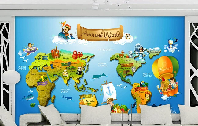Пользовательские papel де parede infantil 3 d мультфильм карта фрески для мальчиков и