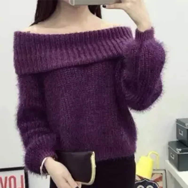 purple Сексуальный Толстый Пуловер с вырезом лодочкой, свитер для женщин, Осень-зима, джемпер из мягкого мохера, Женский Уличная одежда, Топ Hiver 007 - Цвет: purple